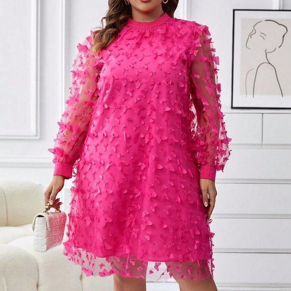 . Dresses & Skirts - Pink Preppy Womens Appliques Detail Mesh Overlay Dress